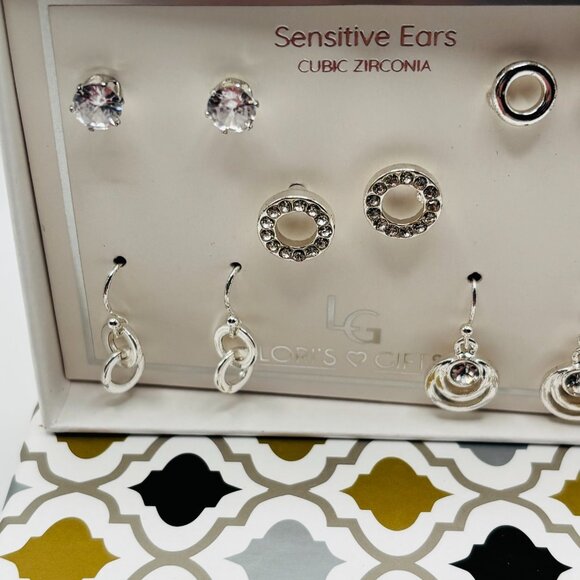 Lori’s Gifts Sensitive Ears Earring Set Cubic Zirconia Silver Tone 6 Pairs NIB - Picture 2 of 3